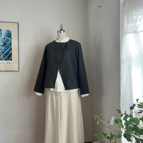 チコリジャケット　ウールmixガーゼヘリンボーン　グリーン×ネイビー10-25505-0453