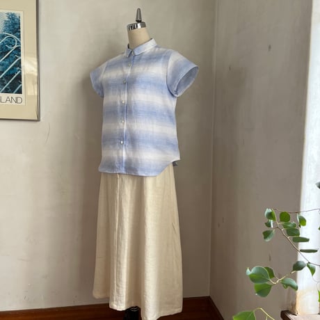 レモングラスシャツ　コットンリネン　スラブボーダー　ブルー　01-26207-0289
