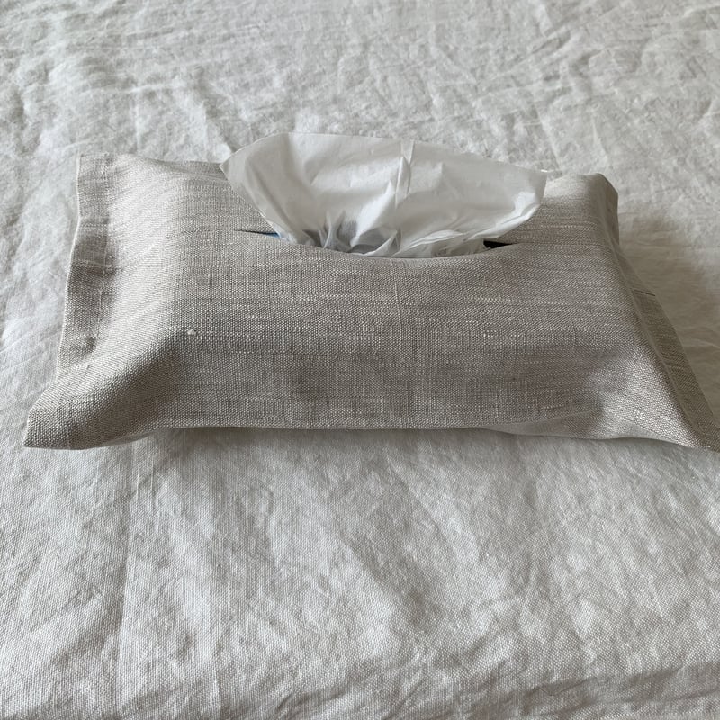 スラブlinen ボックスティッシュケースカバー ナチュラル/スカイブルー