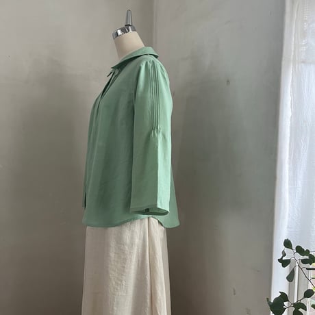 つゆくさブラウス(7分袖)　コットン　東炊ローン　ライトグリーン　　　01-26111-46