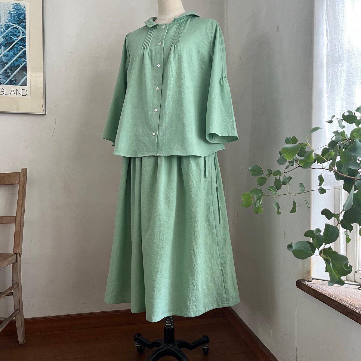 つゆくさブラウス(7分袖) コットン 東炊ローン ライトグリーン 01