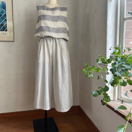 シードパンツ(ロング)コットンリネン　天日干しワッシャー　オフホワイト×ネイビーストライプ　04-26204-0253