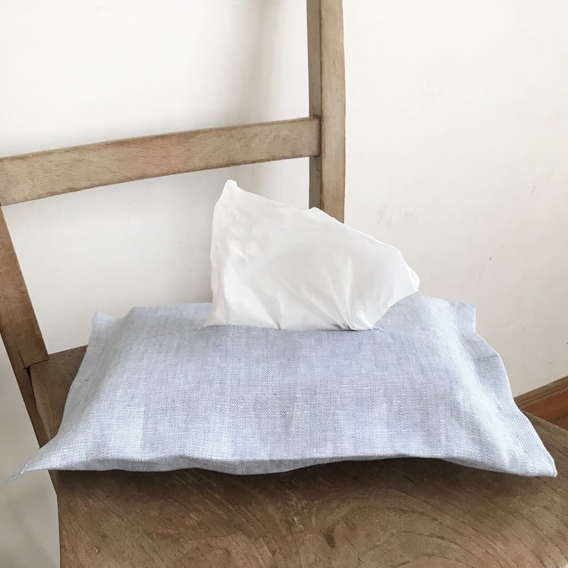 スラブlinen ボックスティッシュケースカバー ナチュラル/スカイブルー