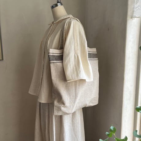スケッチバッグ　コットンリネン　スラブキャンヴァスボーダー　ベージュ×ブラウン　61-25402-1012