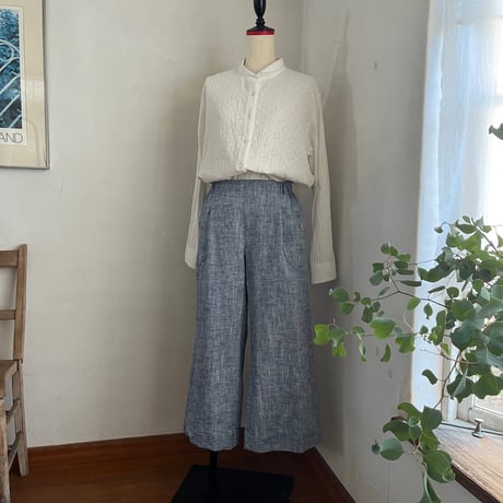 ランチパンツ　コットンリネン　スラブヘリンボーン　ブルー　　04-26103-52