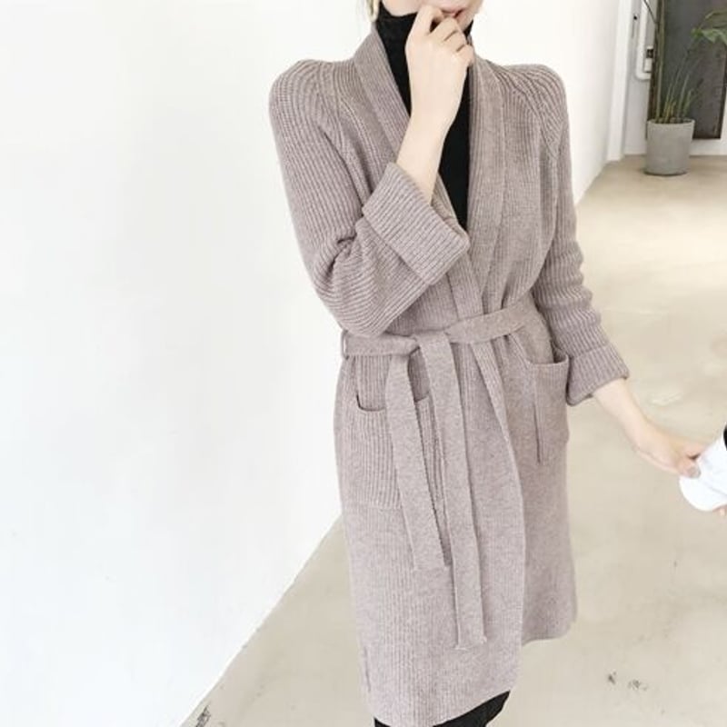 ニット風ロングコート 取り寄せ品】セルフタイ付き ノーカラー ワンカラー ニット ロング