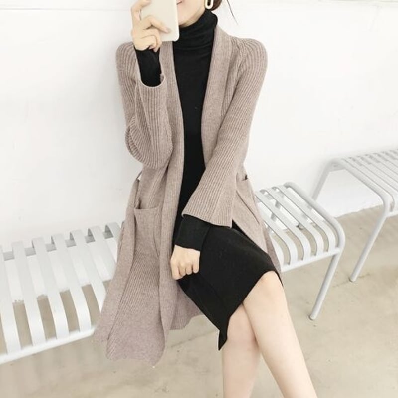 取り寄せ品】セルフタイ付き ノーカラー ワンカラー ニット ロング