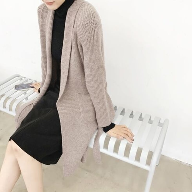 取り寄せ品】セルフタイ付き ノーカラー ワンカラー ニット ロング