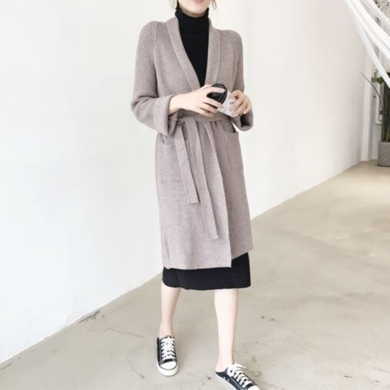 取り寄せ品】セルフタイ付き ノーカラー ワンカラー ニット ロング