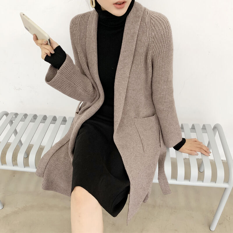 取り寄せ品】セルフタイ付き ノーカラー ワンカラー ニット ロング