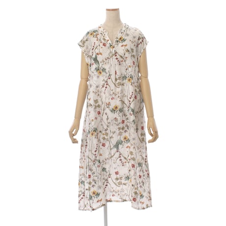 【SALE】【`26春夏新作】フレンチVネックワンピース【麻100％・スケッチ小花】53616N-26S