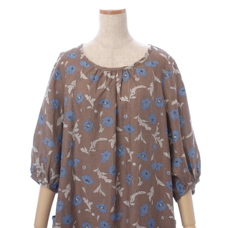 【SALE】【’26春夏新作】麻100ギャザーワンピース【ブルーフラワー】43664N-26S