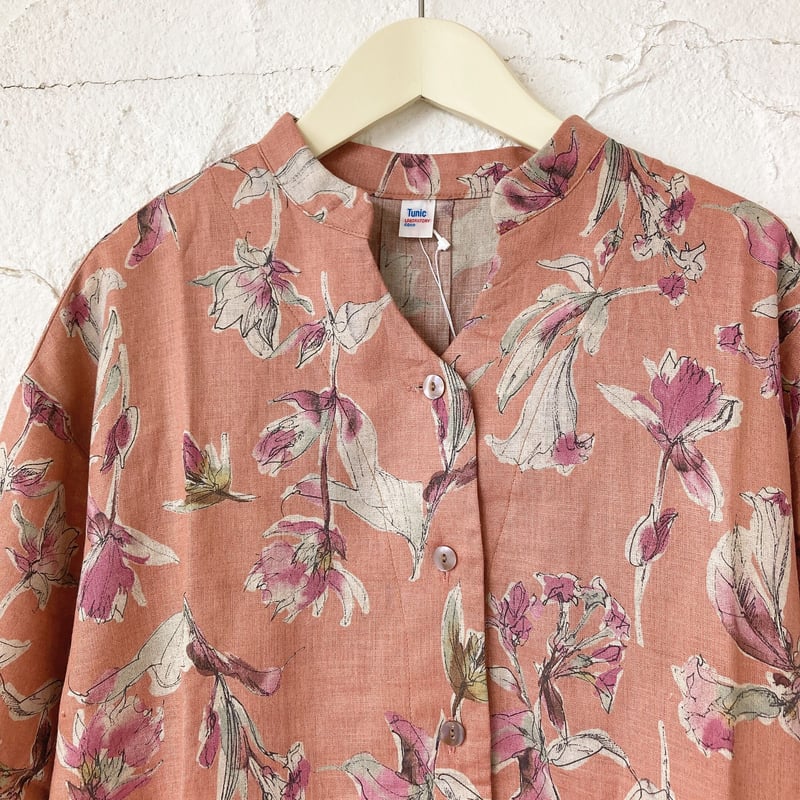 麻100 柄ワンピース　ピンクグリーン系　フリーサイズ　美品 SALE】麻100ワンピース【7分袖・くすみカラー】46628N-23S