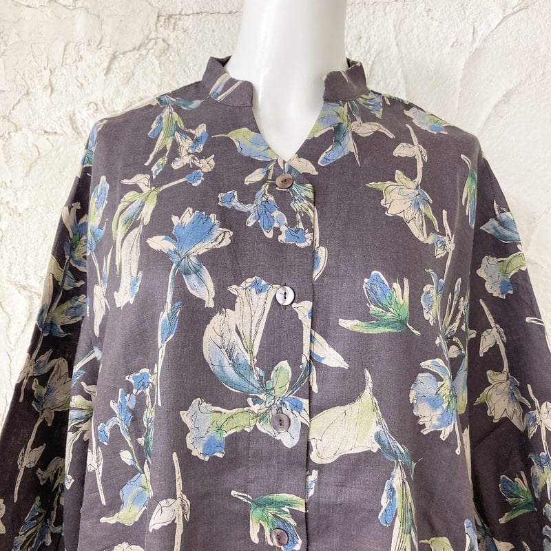 麻　ワンピース コットンリネンロングシャツワンピース/洗える(ブラウス・シャツ