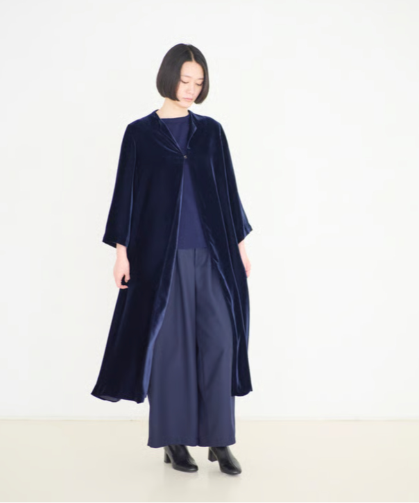 ロベルタ ネイビー ベルベットロングコートM-L fruits of life>ベルベットコート / 紺青色(ダークネイビー
