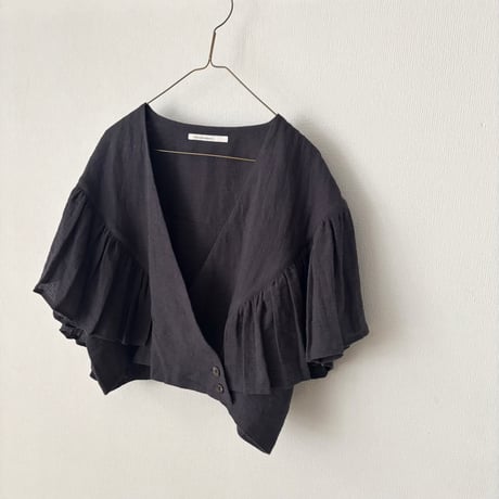 miho umezawa LINEN COTTON PANAMA frill cachecoeur blouse・charcoal