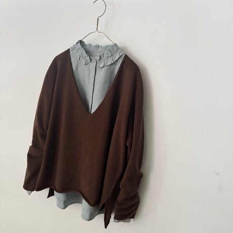 Hands of creation 40/-Linen 微起毛 フリルシャツ・グレイッシュサックス（グリーン味のある色）