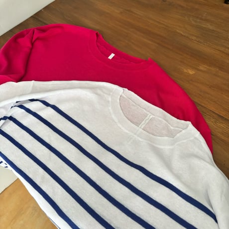 Hints On Moment Everything コットンリネンクルーネックプルオーバー   white×blue