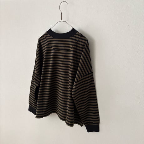 pot and tea スクエア長袖Tシャツ　ボーダー  カーキ×黒