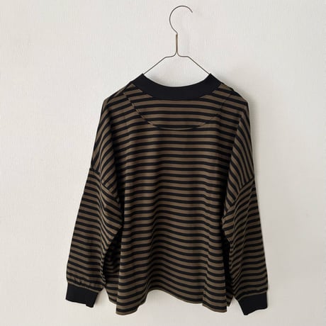 pot and tea スクエア長袖Tシャツ　ボーダー  カーキ×黒