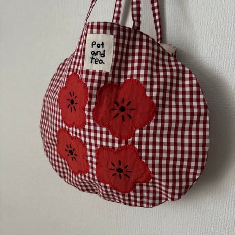 pot and tea 4つのお花のバッグ・赤ギンガム
