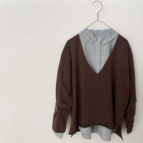 Hands of creation 40/-Linen 微起毛 フリルシャツ・グレイッシュサックス（グリーン味のある色）