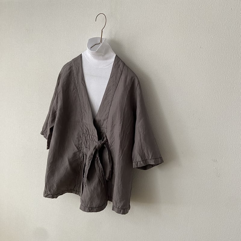 homspun リネンバイオフロントギャザー6分袖ブラウスジャケット