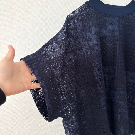 TISSU パッチワークレース モックネックドルマンTシャツ