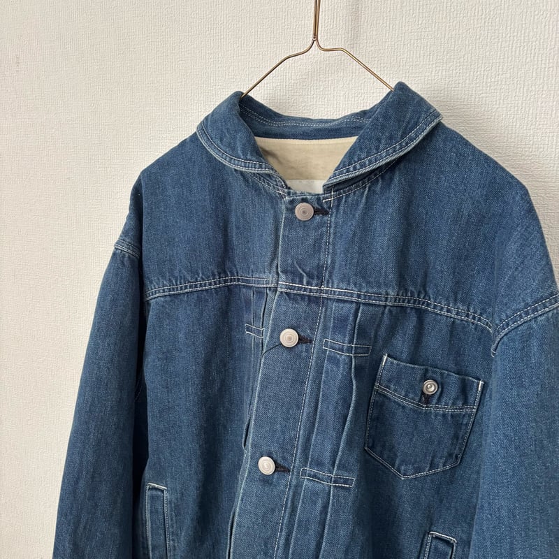 OUVERT コットンリネン セルビッチデニム ラウンドカラージャケット