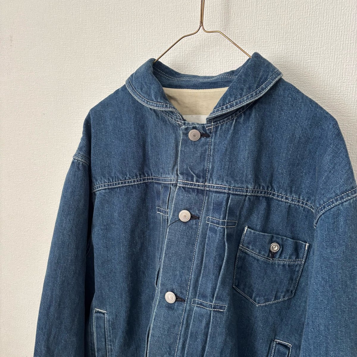 OUVERT コットンリネン セルビッチデニム ラウンドカラージャケット