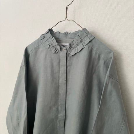 Hands of creation 40/-Linen 微起毛 フリルシャツ・グレイッシュサックス（グリーン味のある色）