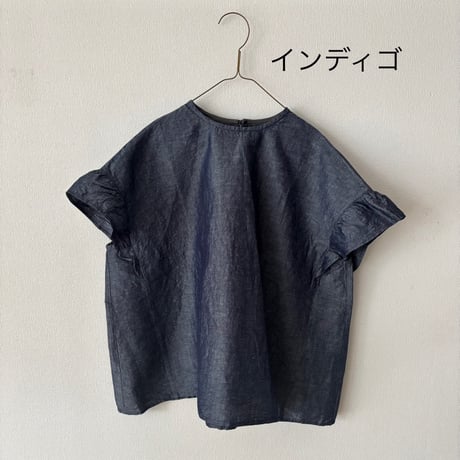 Hands of creation  コットンリネンダンガリー Aラインフレンチスリーブ ブラウス