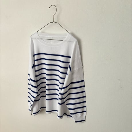 Hints On Moment Everything コットンリネンクルーネックプルオーバー   white×blue