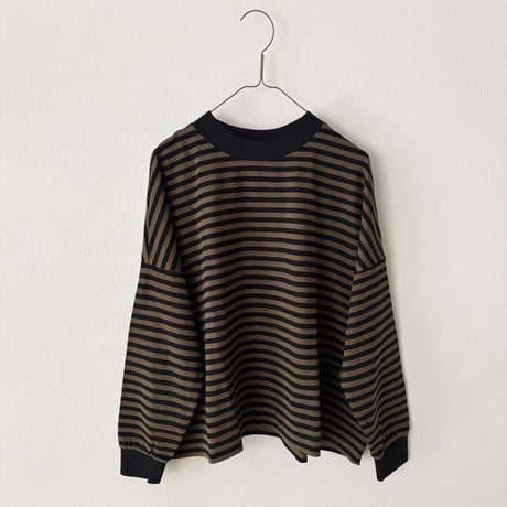 pot and tea スクエア長袖Tシャツ　ボーダー  カーキ×黒