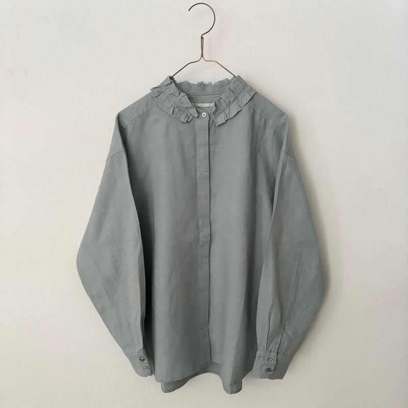 Hands of creation 40/-Linen 微起毛 フリルシャツ・グレイッシュサッ
