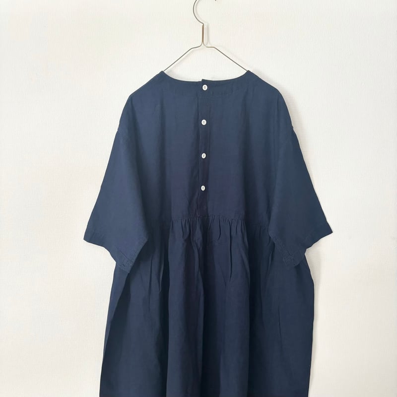 Drawer✨2023SS コットンシルクオールインワン　七分袖　インディゴ　S NATURAL LAUNDRY インディゴシャンブレースモックギャザーワンピース