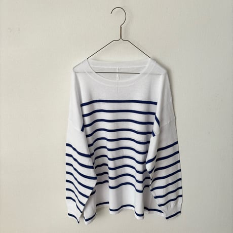 Hints On Moment Everything コットンリネンクルーネックプルオーバー   white×blue