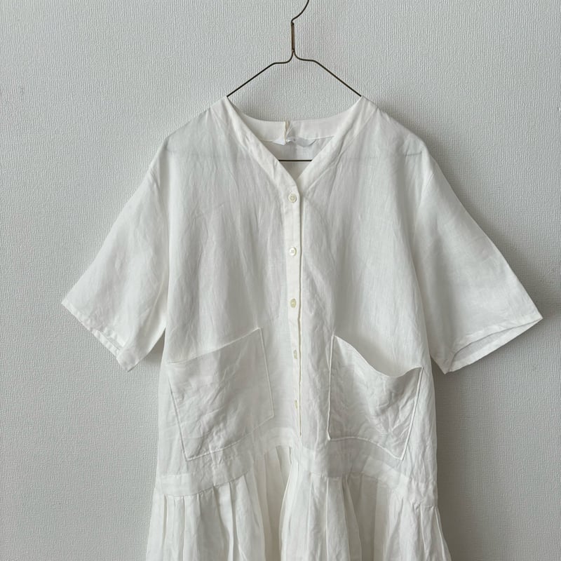 homspun リネンバイオローウエストタックワンピース ・オフ白  