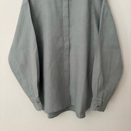 Hands of creation 40/-Linen 微起毛 フリルシャツ・グレイッシュサックス（グリーン味のある色）