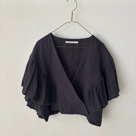 miho umezawa LINEN COTTON PANAMA frill cachecoeur blouse・charcoal