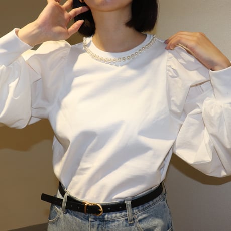 パール付き袖ボリュームカットソー