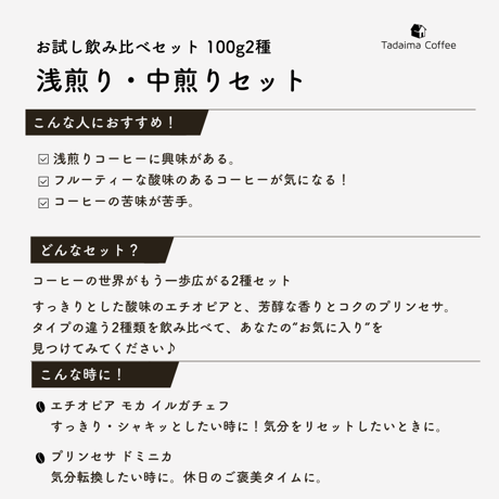 【送料無料/ドリップバッグプレゼント/お試しセット】 初めてのお試し飲み比べ 浅煎り・中煎りセット 100g×2種