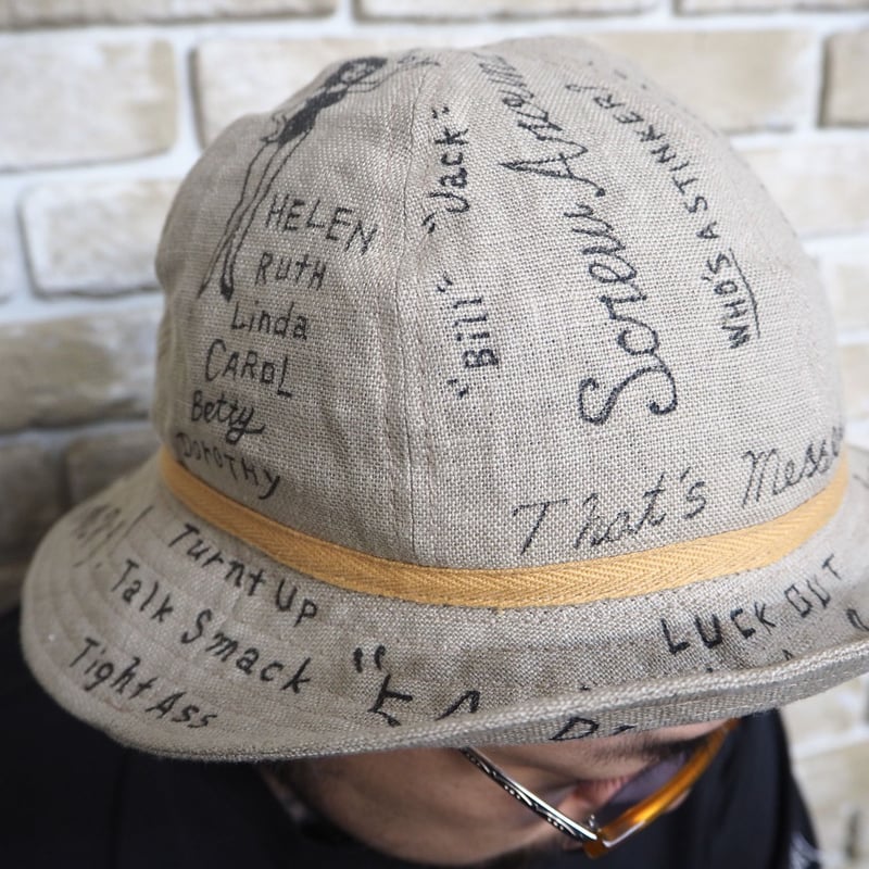 ノースノーネーム　リネンバケットハット（ハンドペイント） NorthNoName(ノースノーネーム)-”MESSAGE” LINEN HAT(BEIGE