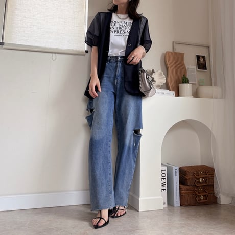 Navy メッシュパフスリーブ半袖ジャケット