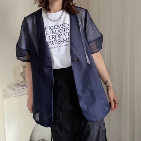 Navy メッシュパフスリーブ半袖ジャケット