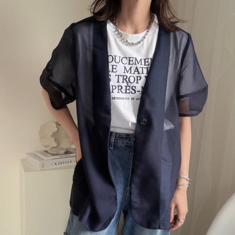 Navy メッシュパフスリーブ半袖ジャケット