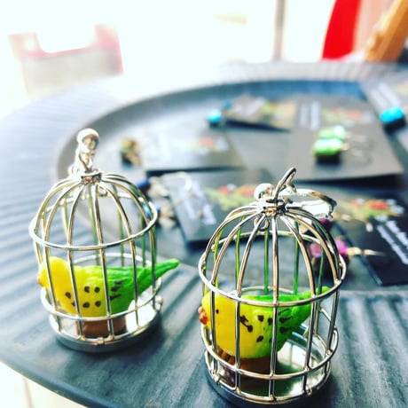 【所さんお届けモノです！】鳥かごに入ったインコのイヤリング・ピアス セキセイインコ刺繍の黒いベルベット巾着つき