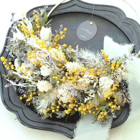 大きなミモザとピンクのオーバルリース　イタリア産ミランドール　スターチス　春 ミモザとラベンダーの春色リース（大） | etoile-irisee