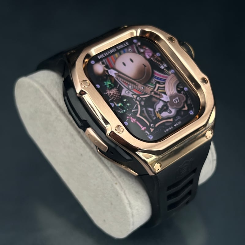 アップルウォッチ用ローズカスタムベゼル⚫︎ネオンレザーベルトセット 無