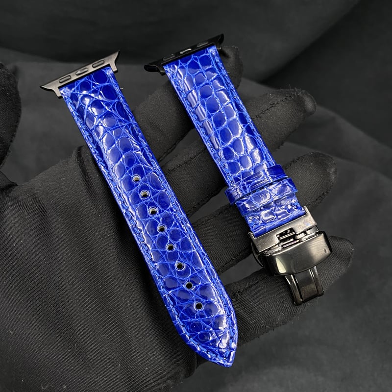 ダークブルー 本物ワニ革 リアルアリゲーターベルト Dバックル